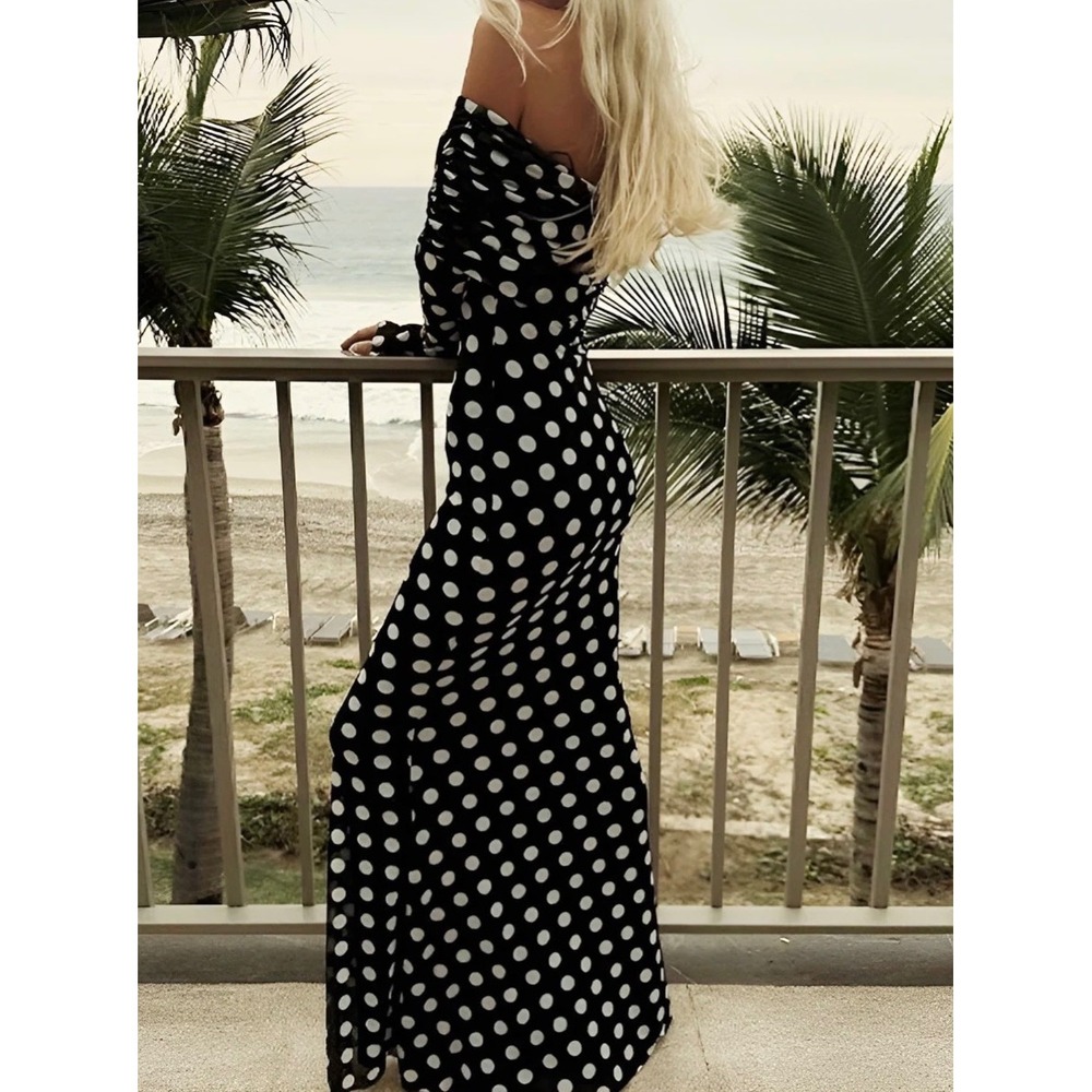 Commense Black White Polka Dot Off-Shoulder Mesh Maxi Dress Large